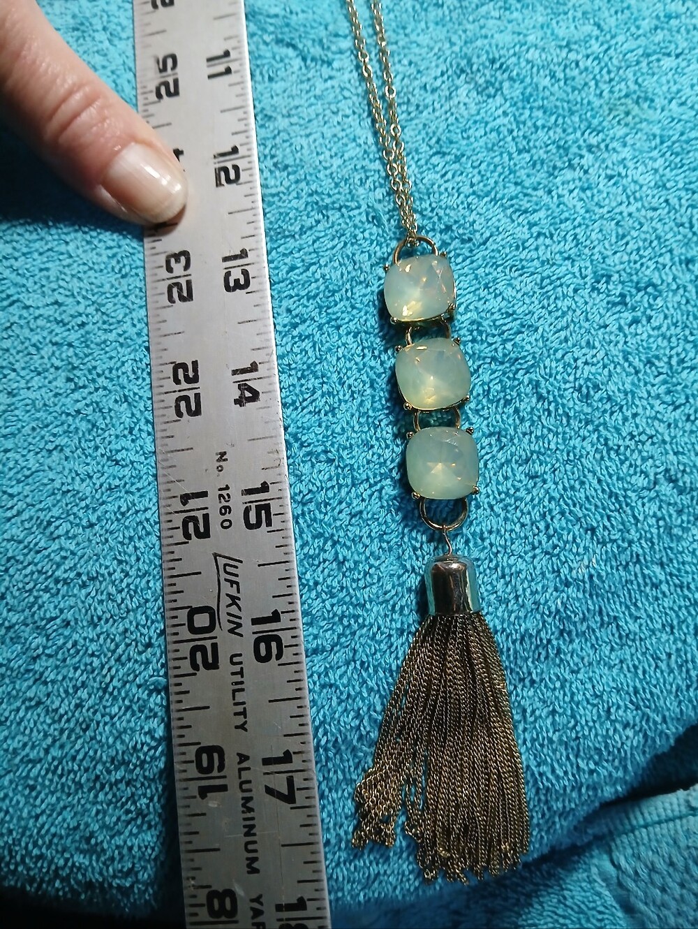 Gold-Tone Tassel Pendant Necklace with Pale Opalescent Stones
